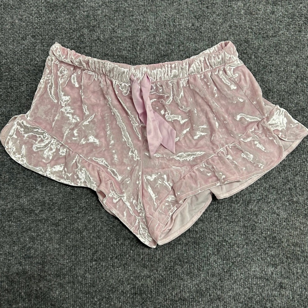 Victoria's Secret Pajama Shorts Womens Size S Pink Crushed Velvet Ruffle Lounge